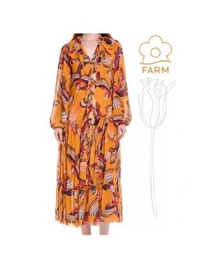 FARM Rio Orange Maxi Dress with Pink and Purple Parrot Bird Print